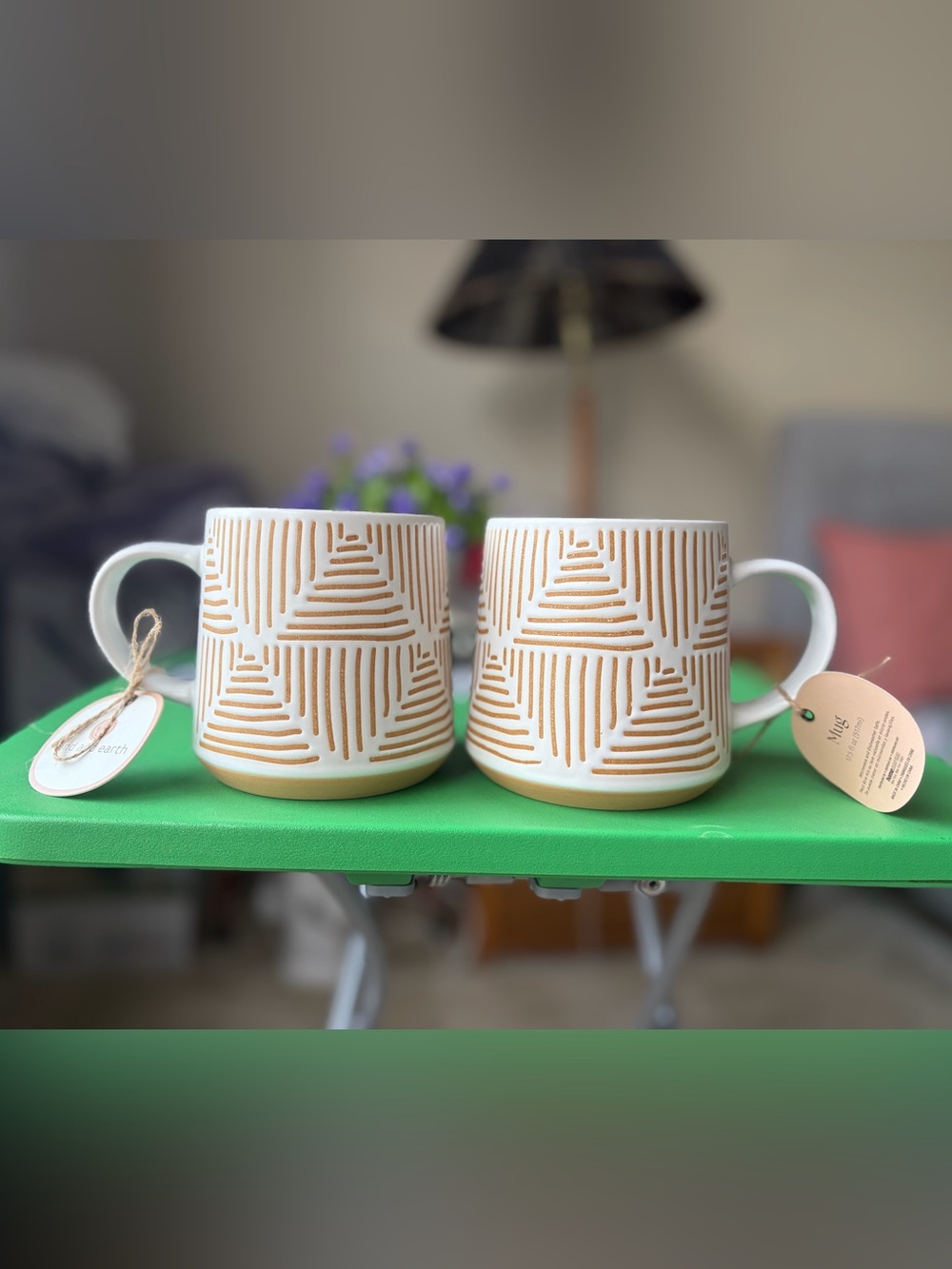 Set of 2 White Ceramic Mugs with Gold Geometric Detail